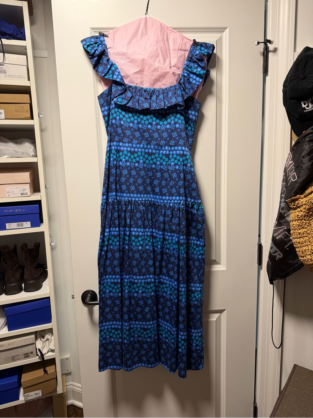 Borgo De Nor Blue Patterned Ruffle-Trim Midi Dress